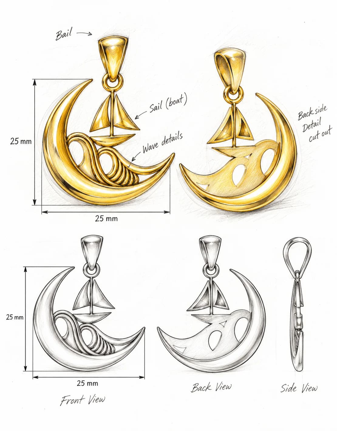Flame Lunara Sail Moon Pendant